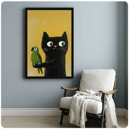 Cute black cat holding a green parrot – framed wall art print on yellow background, displayed in a cozy living room with armchair