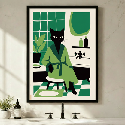 Framed black cat in green bathrobe bathroom wall art print with retro mid-century illustration style, displayed above a modern sink