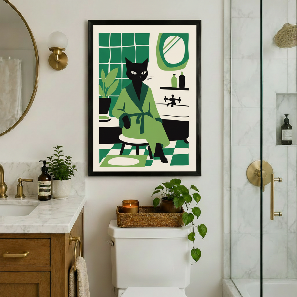 Black cat in green bathrobe art poster in black frame displayed above toilet in a luxury bathroom with marble countertop and gold fixtures