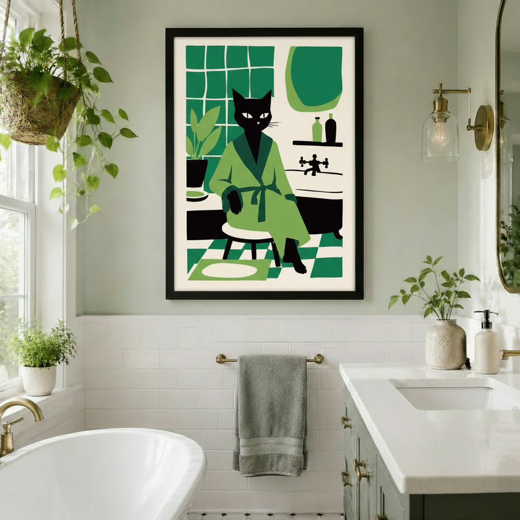 Retro-style black cat in green robe framed bathroom wall art hung above a towel bar in a bright bathroom with hanging plants and freestanding tub