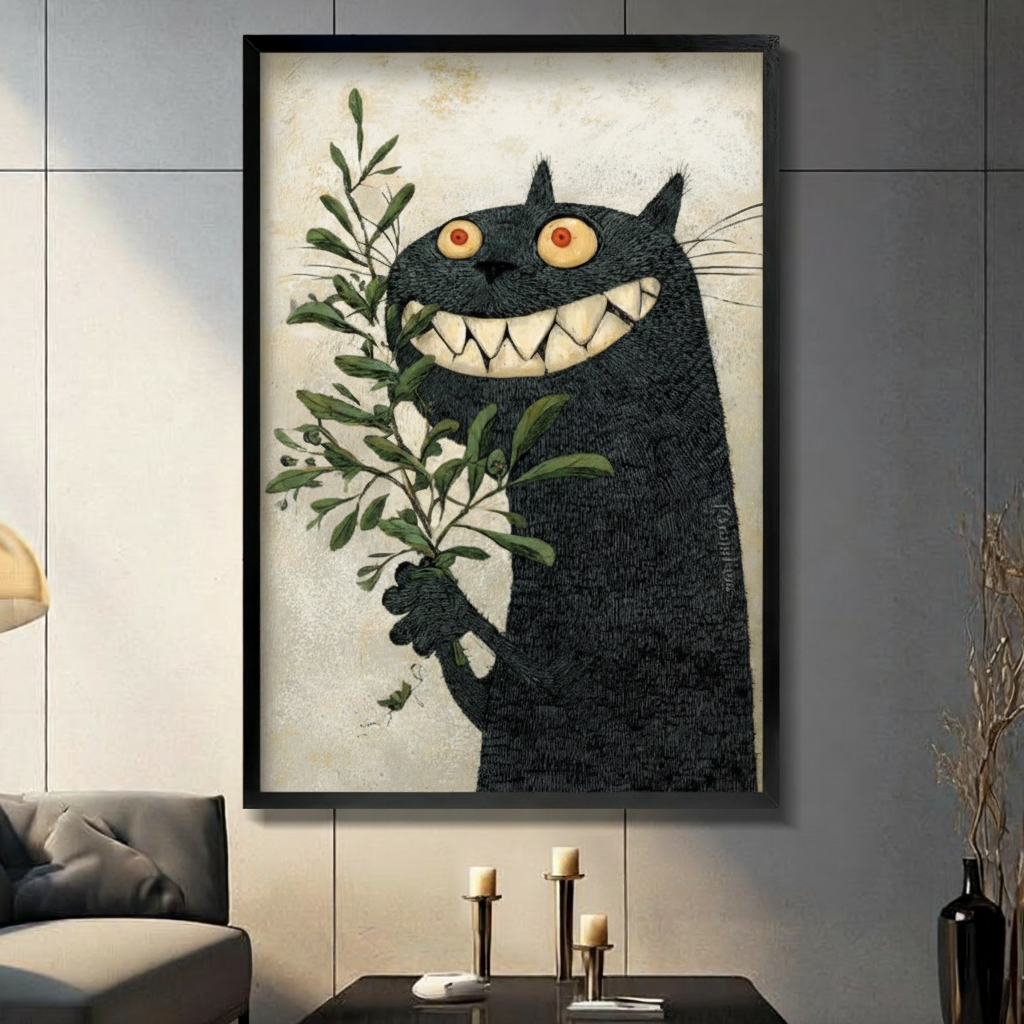 Framed black cat wall art with glowing red eyes holding olive branch, displayed in modern dark living room