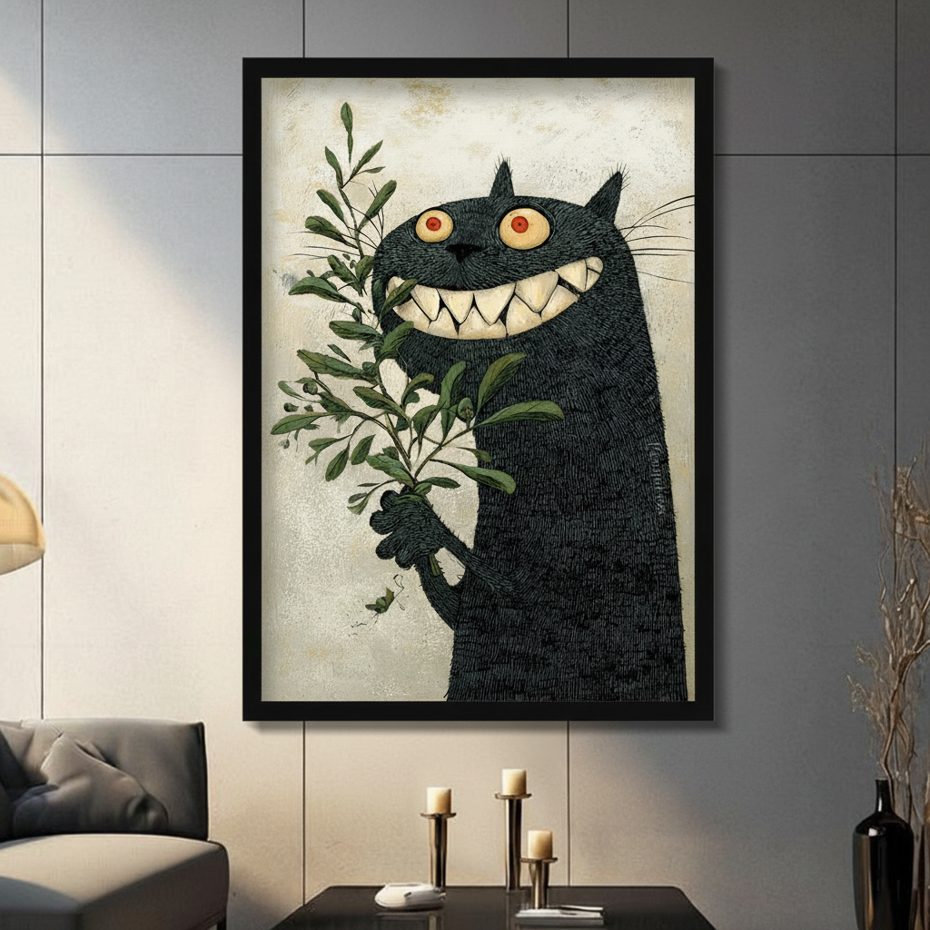 Framed black cat wall art with glowing red eyes holding olive branch, displayed in modern dark living room