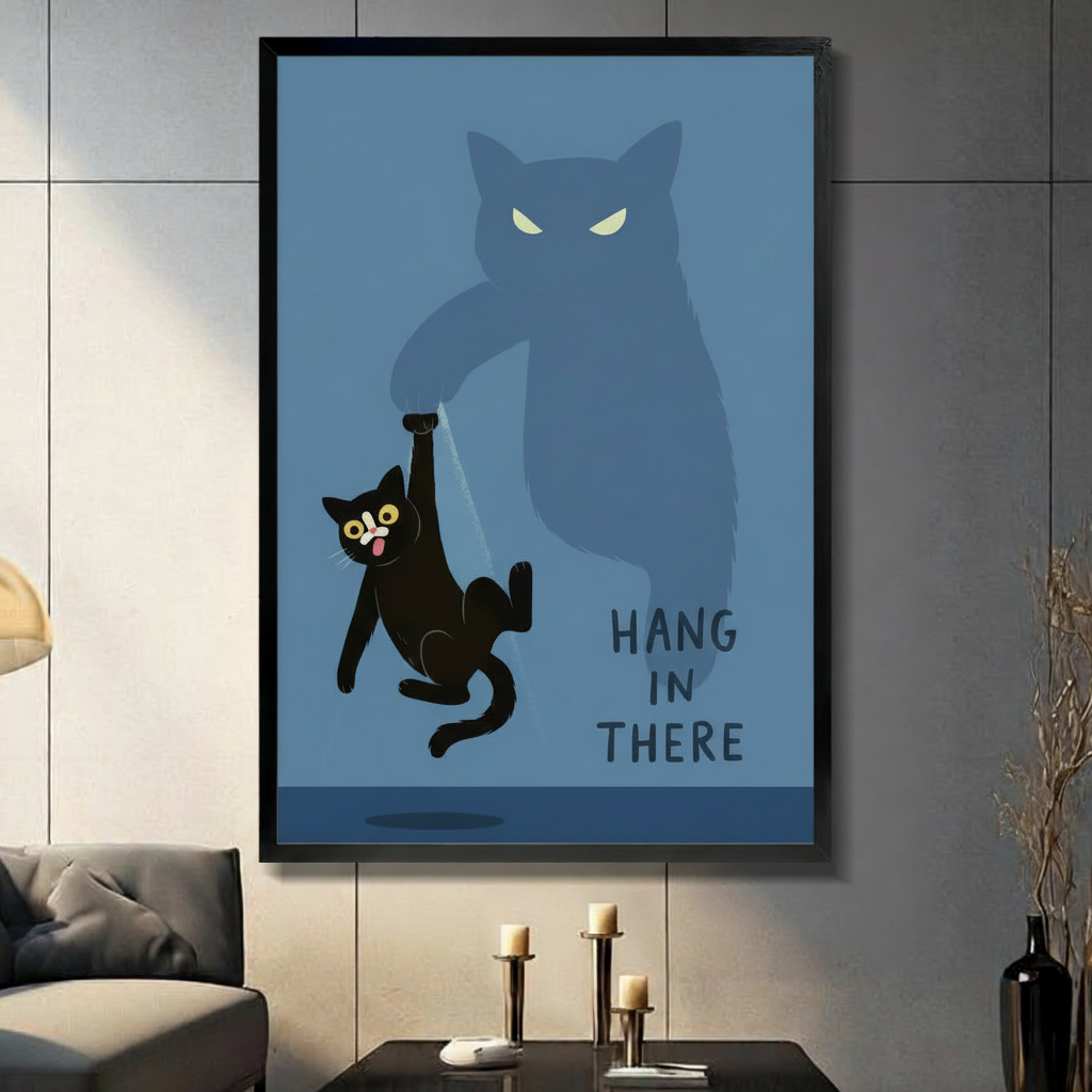 Funny black cat dangling from giant shadow cat's paw with wide eyes and tongue out, "Hang In There" motivational wall art, black framed print in modern living room with dark sofa and candle holders