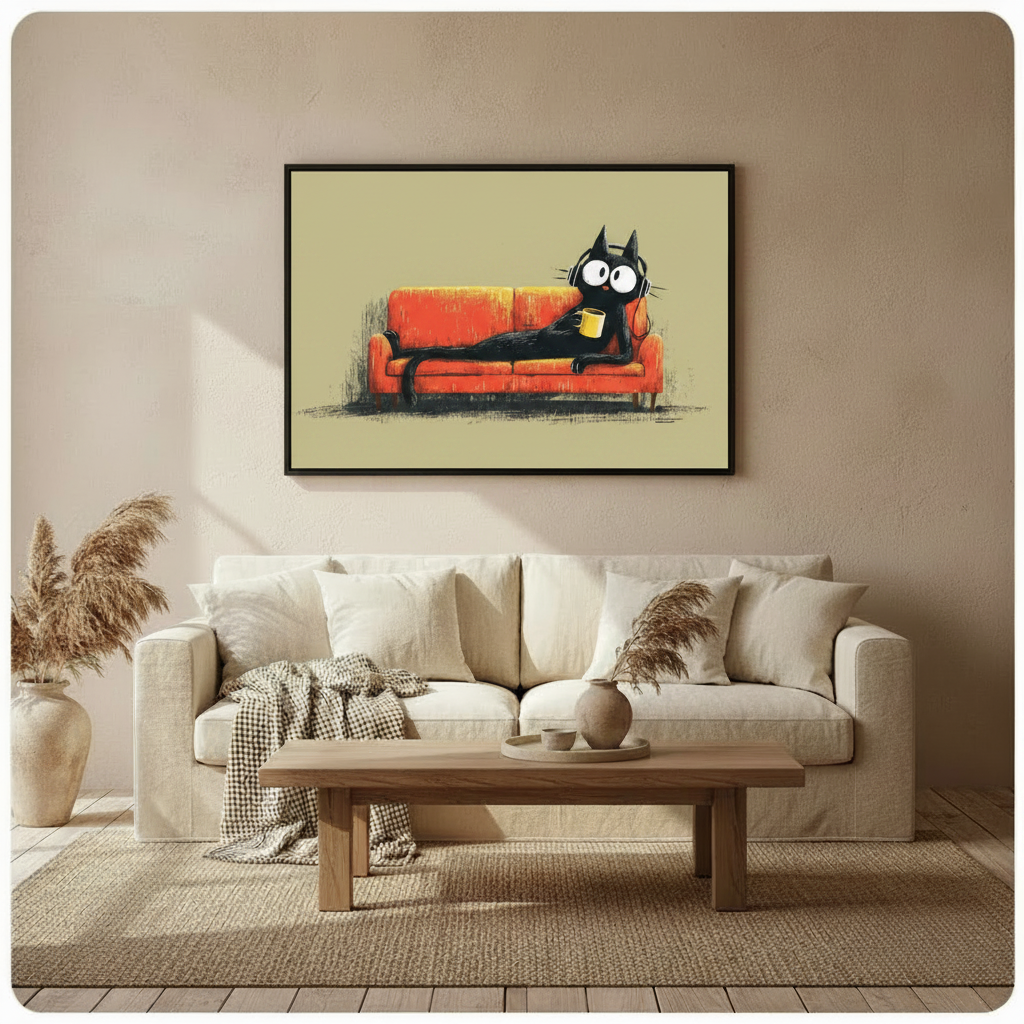 Framed black cat with headphones and coffee mug canvas wall art displayed above beige sofa in cozy minimalist living room