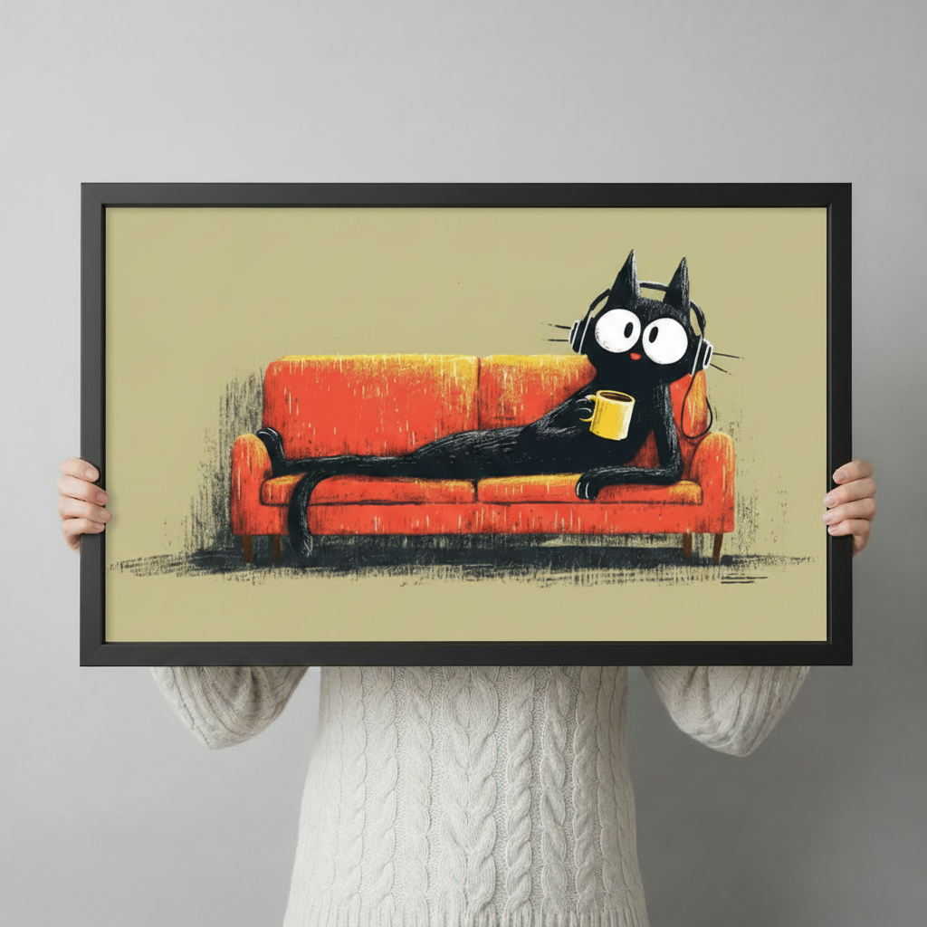 Person in white sweater holding large framed black cat with headphones and yellow mug canvas print — detailed artwork view