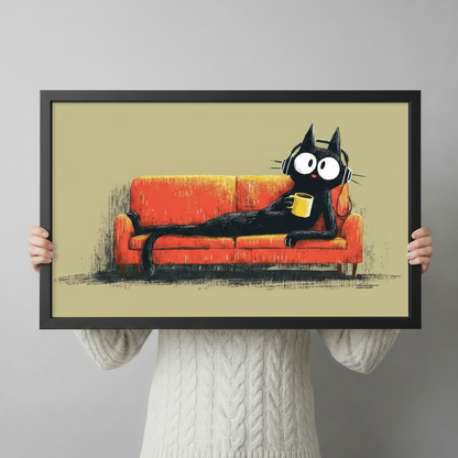 Person in white sweater holding large framed black cat with headphones and yellow mug canvas print — detailed artwork view