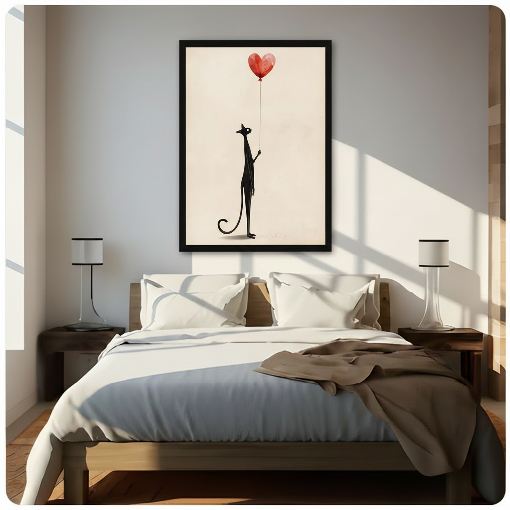 Black cat with red heart balloon framed print displayed above bed in sunlit bedroom - romantic minimalist cat wall art