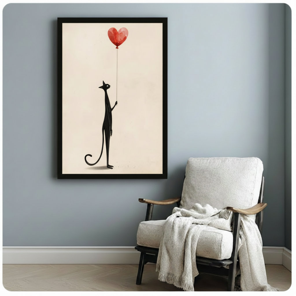 Framed minimalist cat wall art beside cozy armchair - black cat holding heart balloon poster for bedroom or reading nook