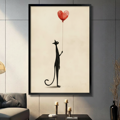 Minimalist black cat holding red heart balloon framed wall art - whimsical cat canvas print for modern living room decor