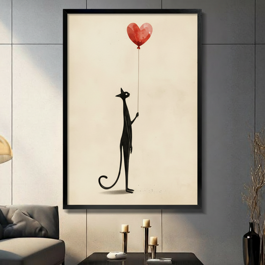 Minimalist black cat holding red heart balloon framed wall art - whimsical cat canvas print for modern living room decor