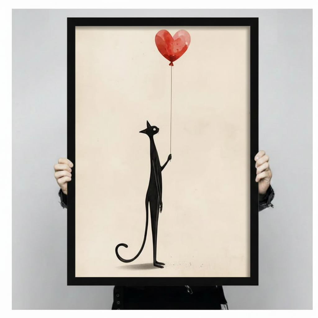 Hands holding framed black cat heart balloon canvas print showing full artwork detail - cat lover gift wall art