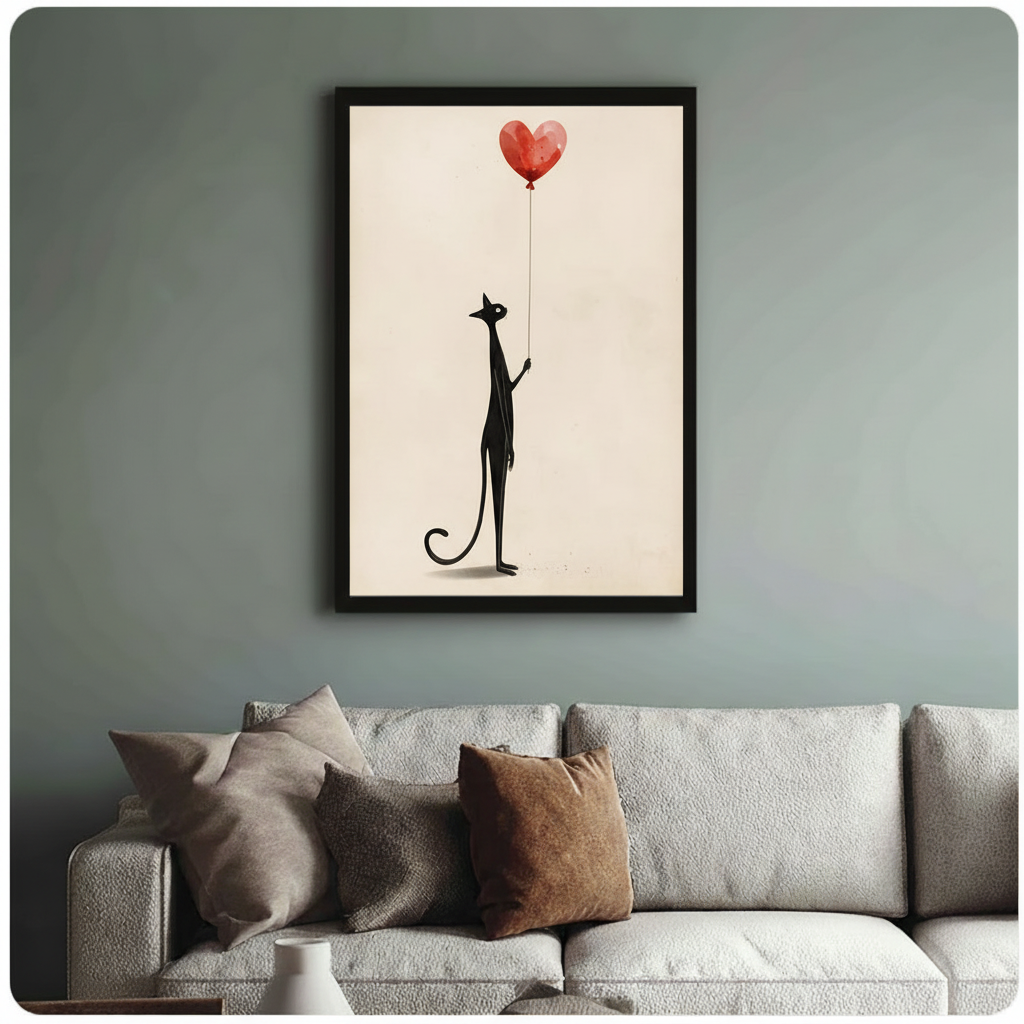 Black cat heart balloon framed art print above linen sofa - whimsical cat lover wall decor in muted blue-green room