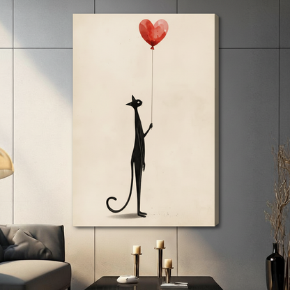 Unframed black cat with heart balloon canvas print - elegant minimalist wall art for contemporary home decor