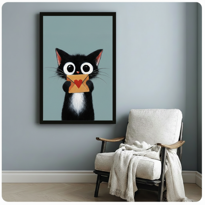 Black framed big-eyed black cat holding a heart envelope art print on a blue-grey wall beside a white linen accent chair with a throw blanket