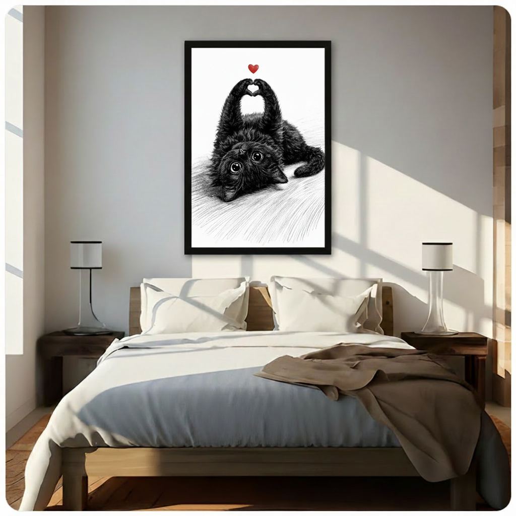Pencil sketch illustration of a fluffy black kitten lying upside down forming a heart with its raised paws with a red heart above on a white background sweet black cat love wall art framed print above a bedroom with white linen bedding dark wood bed frame and white table lamps