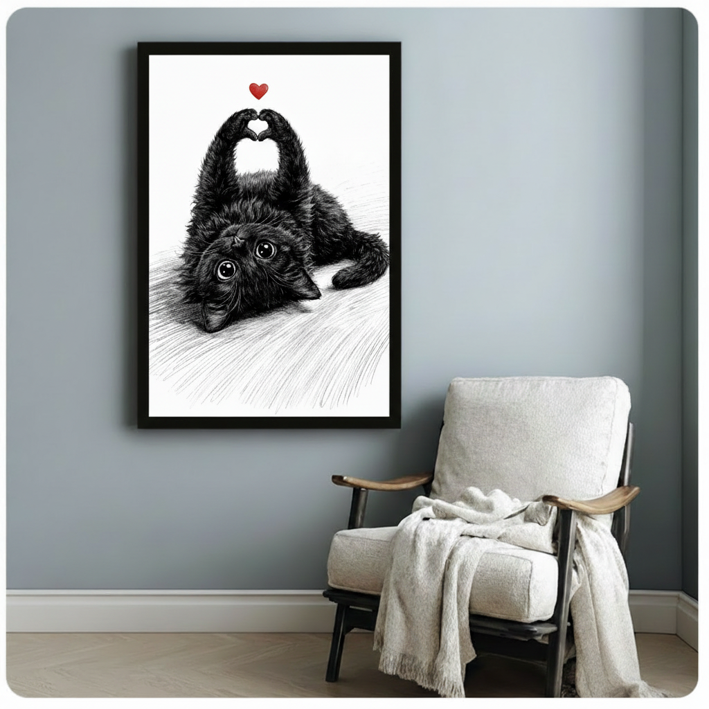 Pencil sketch of a cute fluffy black kitten on its back making a heart shape with its paws and a floating red heart above on a white background sweet black cat love wall art framed print beside a white linen armchair on a blue gray wall