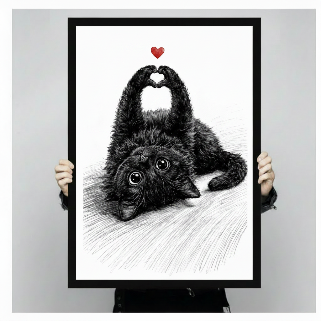 Detailed pencil sketch of a fluffy black kitten lying on its back with both paws raised in a heart shape and a small red heart floating above on a white background cute cat love wall art framed print held against a light gray background