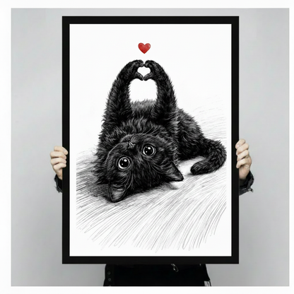 Detailed pencil sketch of a fluffy black kitten lying on its back with both paws raised in a heart shape and a small red heart floating above on a white background cute cat love wall art framed print held against a light gray background