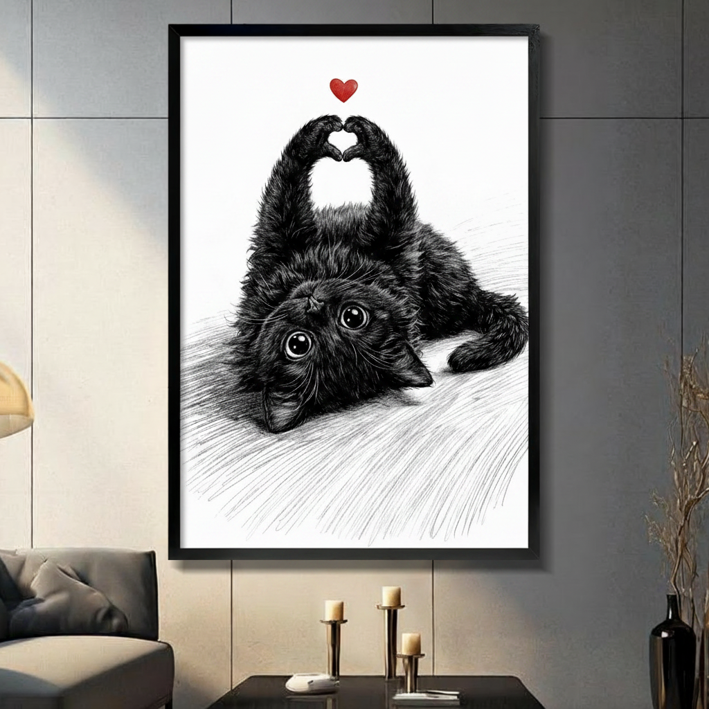 Pencil sketch illustration of a fluffy black kitten lying on its back raising both paws to form a heart shape with a red heart floating above on a white background cute black cat love wall art framed print in a living room with dark gray panel wall dark sofa and black vase