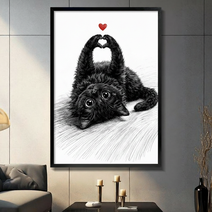 Pencil sketch illustration of a fluffy black kitten lying on its back raising both paws to form a heart shape with a red heart floating above on a white background cute black cat love wall art framed print in a living room with dark gray panel wall dark sofa and black vase