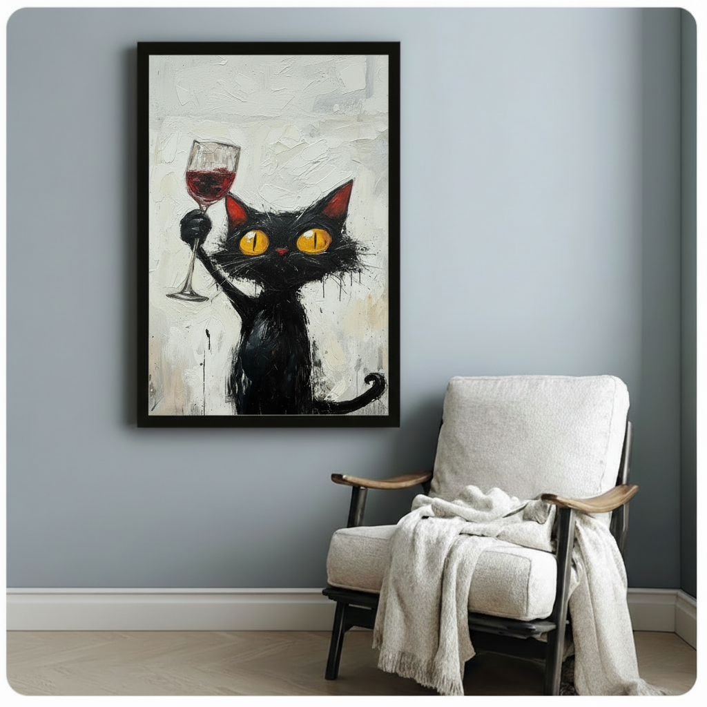 Framed wall art of a quirky black cat holding up a red wine glass with expressive yellow eyes, abstract oil painting style, styled beside a white armchair on a soft blue-gray wall