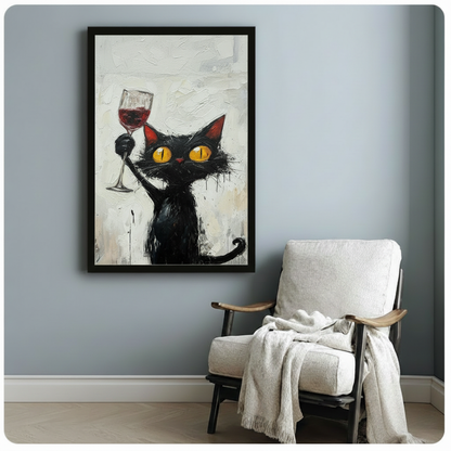 Framed wall art of a quirky black cat holding up a red wine glass with expressive yellow eyes, abstract oil painting style, styled beside a white armchair on a soft blue-gray wall