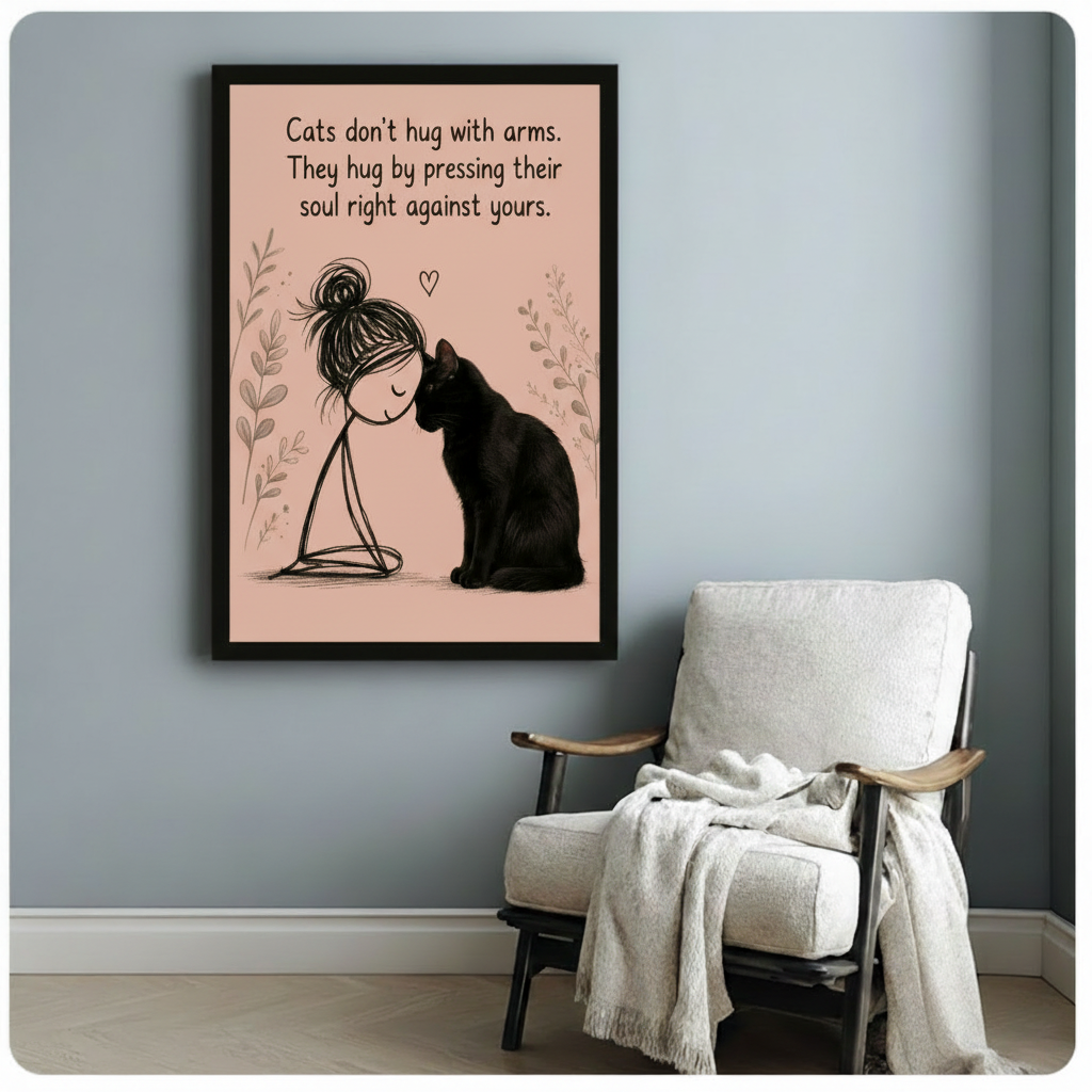 Black framed cat quote print hanging above armchair — minimalist stick figure girl and black cat nuzzling with soul quote