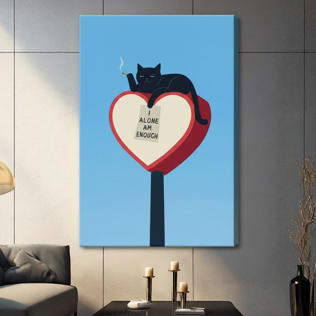 Funny black cat heart sign canvas wrap wall art, frameless stretched canvas displayed in dark living room