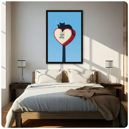 Black cat heart sculpture quote wall art in black frame above a white bed in a sunlit minimalist bedroom