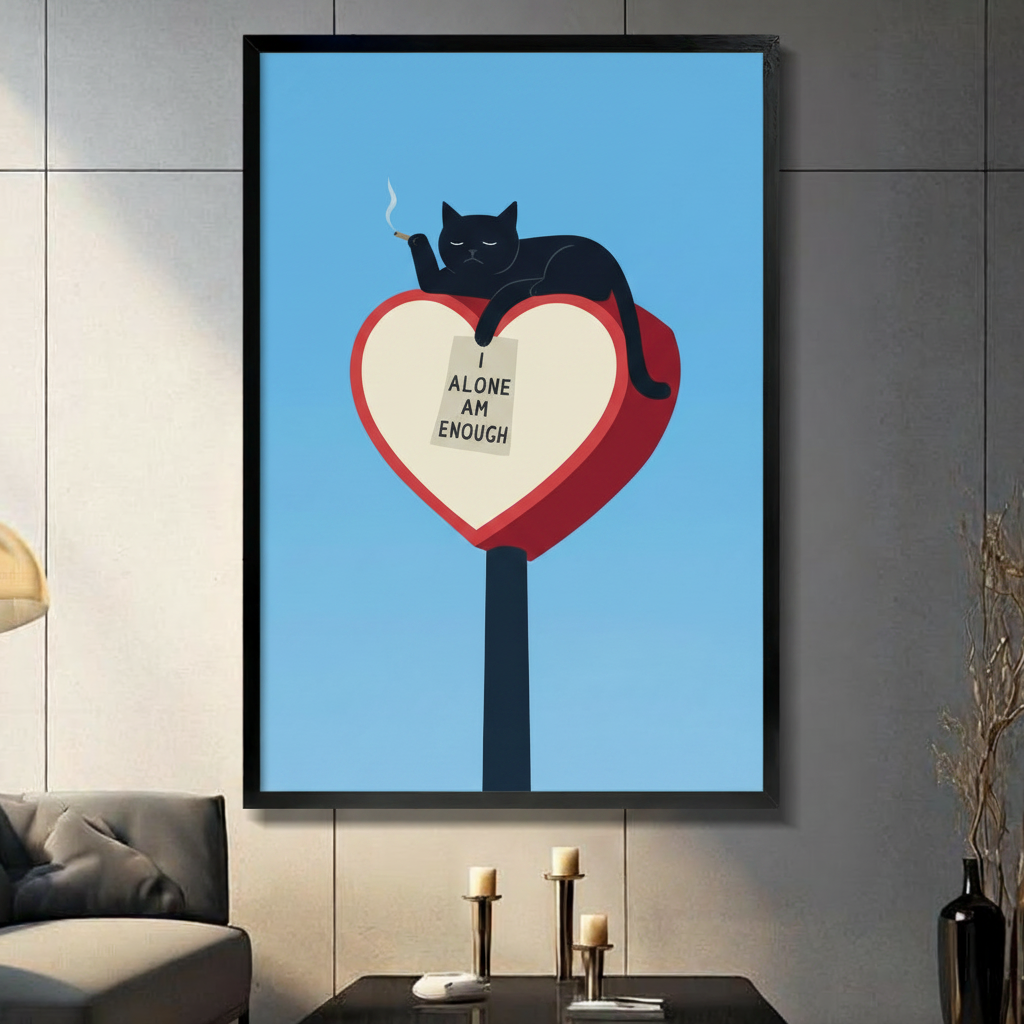 Black cat lounging on red heart sculpture "I Alone Am Enough" framed wall art in a dark modern living room