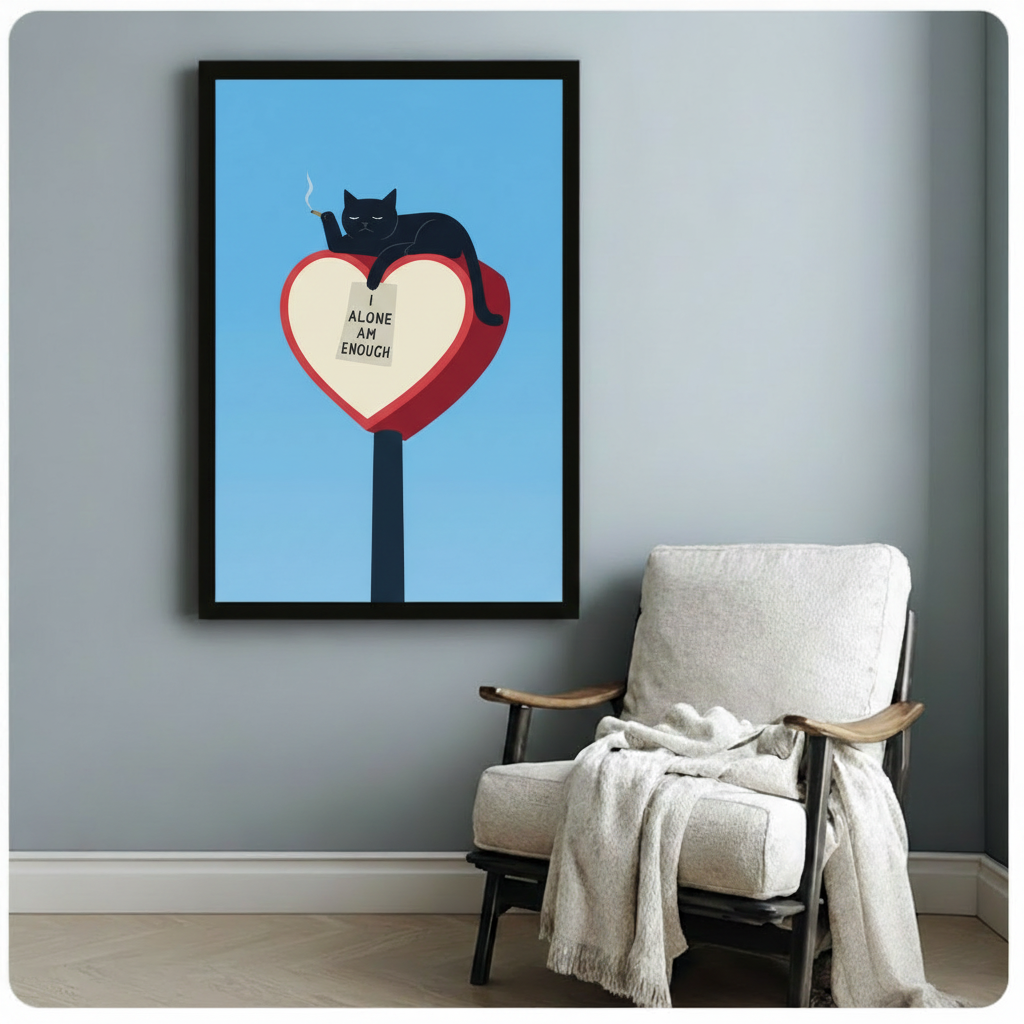Sarcastic black cat heart poster framed wall art on blue-grey wall beside a white linen reading chair
