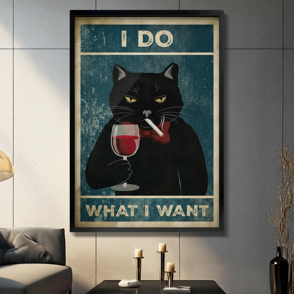 Vintage black cat holding red wine wall art in black frame hung above console table in dark moody living room