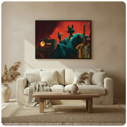 Framed noir jazz cat print displayed in modern interior – bold statement wall art for cat lovers