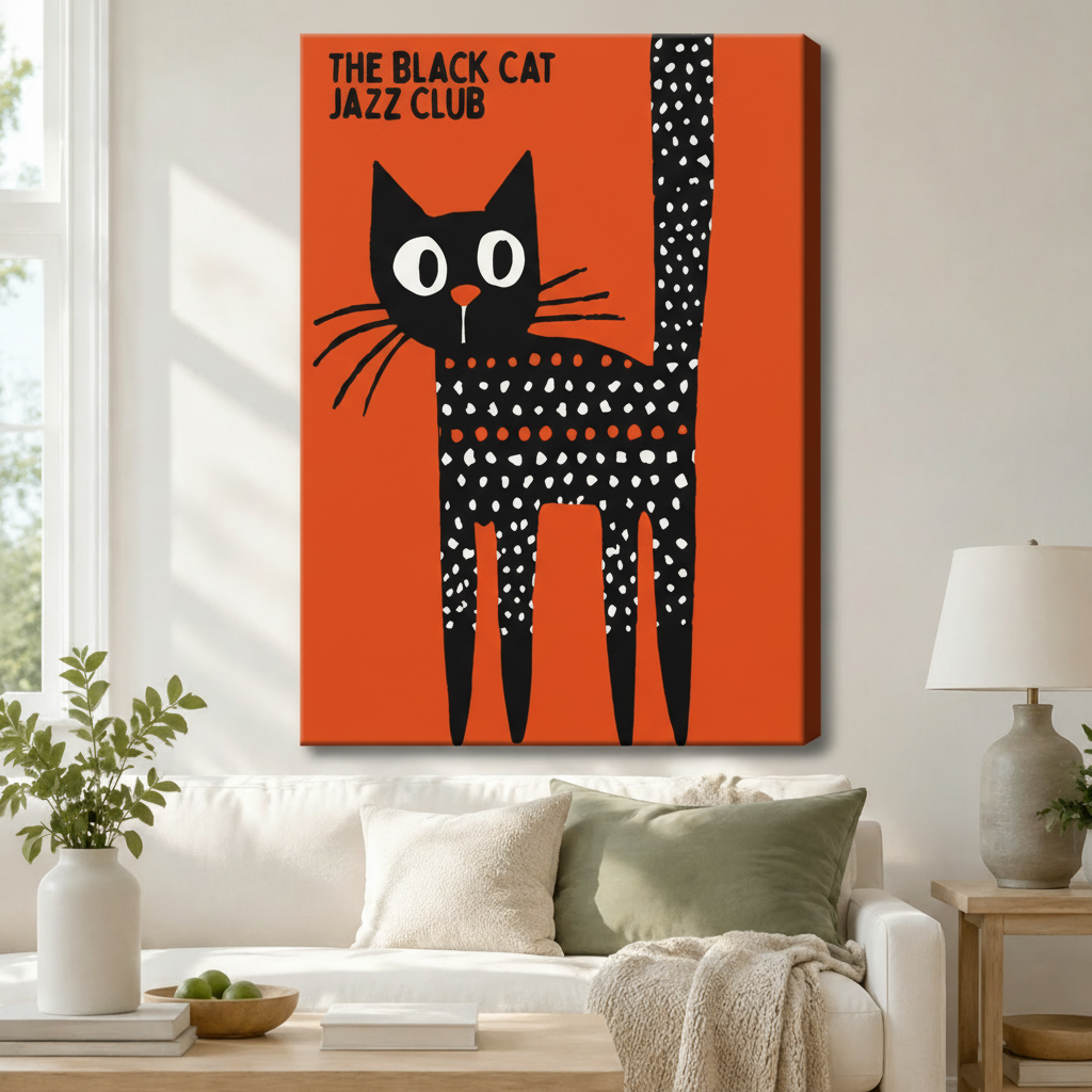 The Black Cat Jazz Club canvas wall art hung above a white sofa in a bright living room, vibrant orange retro cat illustration