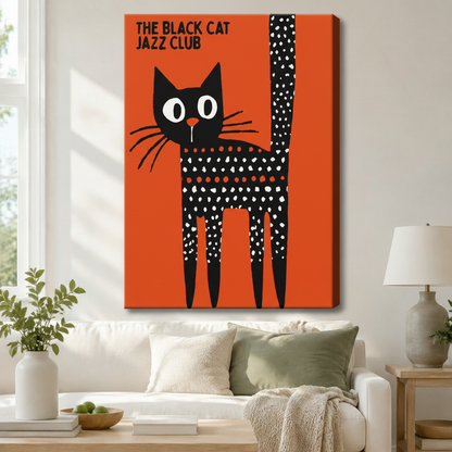 The Black Cat Jazz Club canvas wall art hung above a white sofa in a bright living room, vibrant orange retro cat illustration