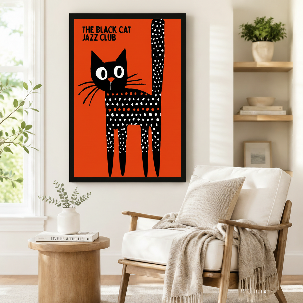 The Black Cat Jazz Club framed poster art beside a Scandinavian armchair, quirky black cat on orange background wall decor