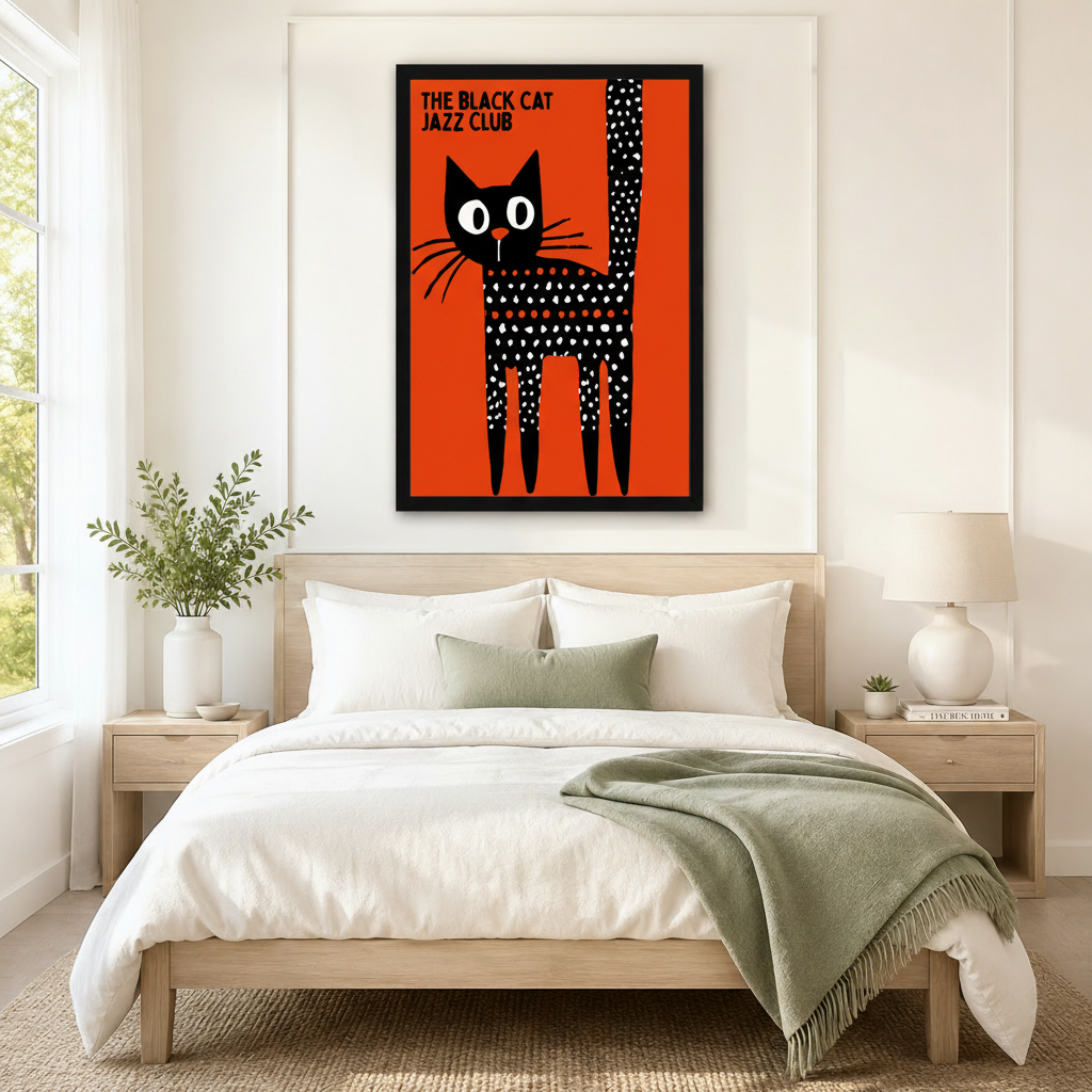 The Black Cat Jazz Club framed wall art above a neutral bedroom bed, large orange retro cat print as statement bedroom decor