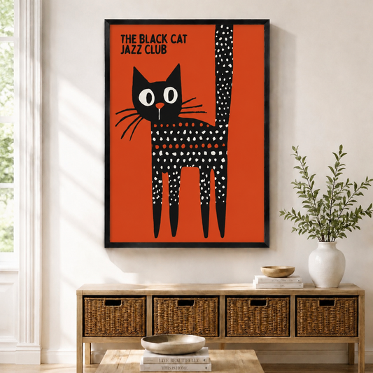 The Black Cat Jazz Club framed wall art print displayed above a wooden sideboard with wicker baskets, bold orange and black retro cat poster
