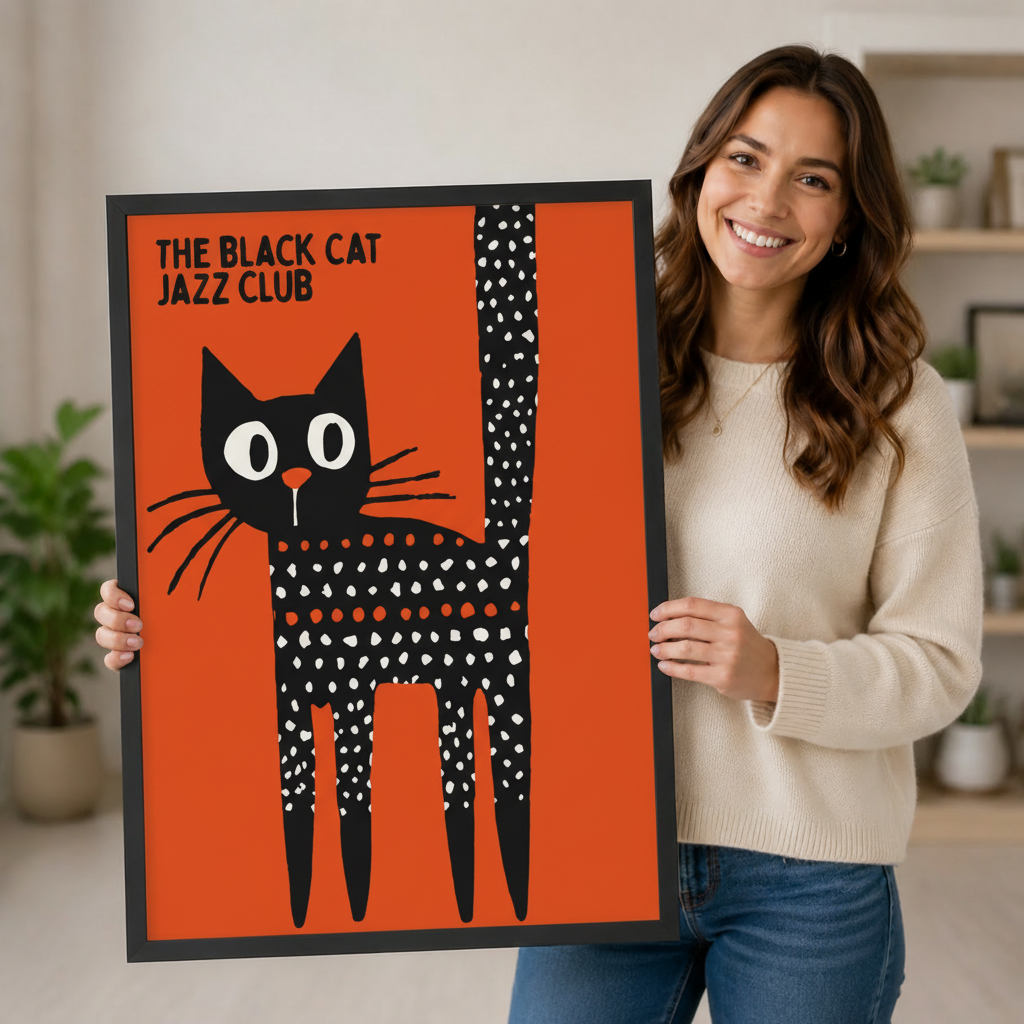 Woman holding The Black Cat Jazz Club art print showing size reference, orange retro cat poster with polka dot pattern
