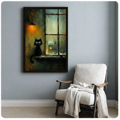 Framed black cat sitting by rain-streaked window with vintage lantern wall art displayed above white linen armchair with throw blanket in cozy reading nook