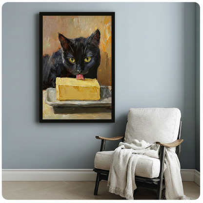 Black framed cat licking butter canvas print beside linen armchair on blue-grey wall - expressive funny cat oil painting wall art with amber tones for minimalist reading nook or bedroom decor