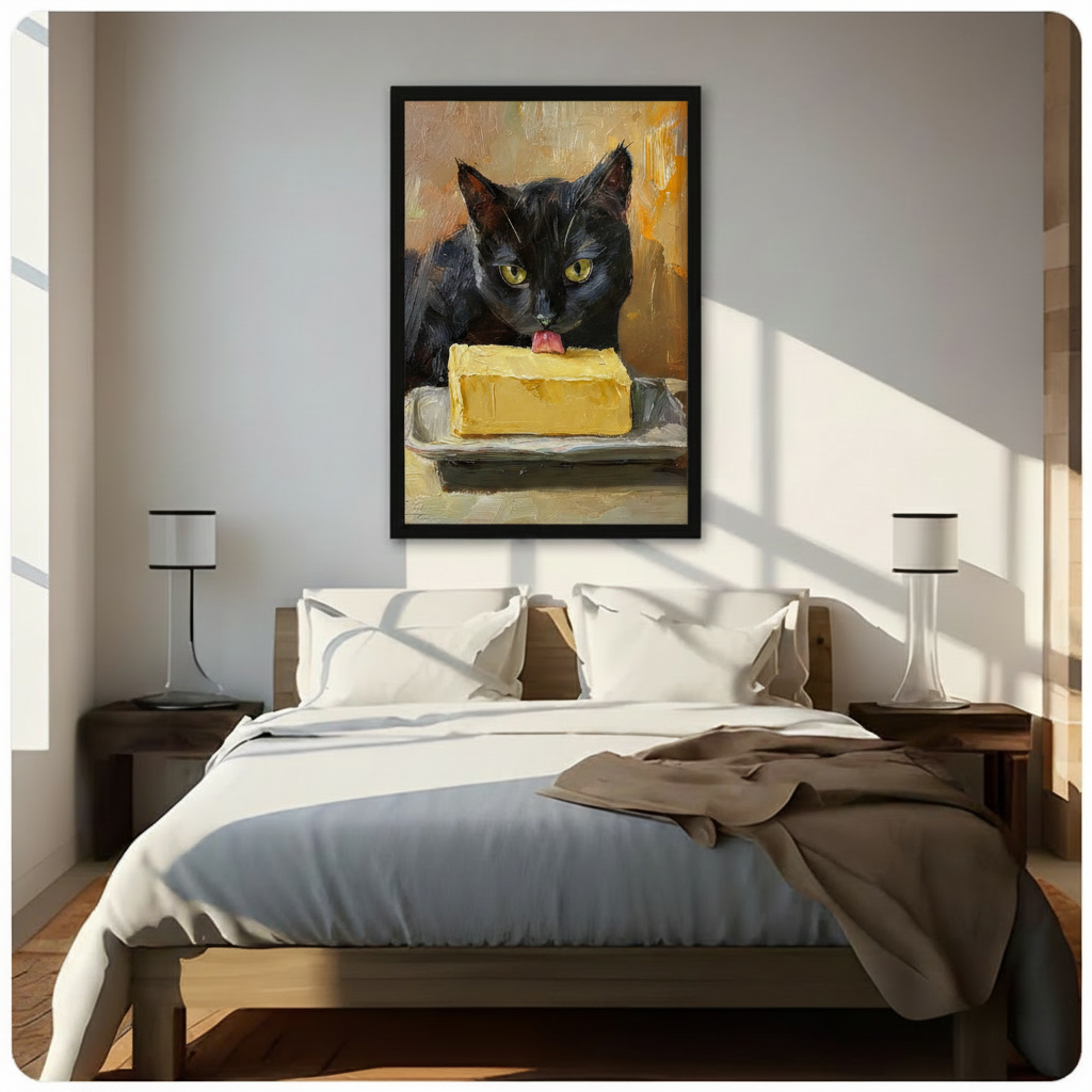 Framed black cat butter oil painting above wooden bed in sunlit minimalist bedroom - funny expressive cat canvas wall art with warm golden amber background for contemporary bedroom home decor