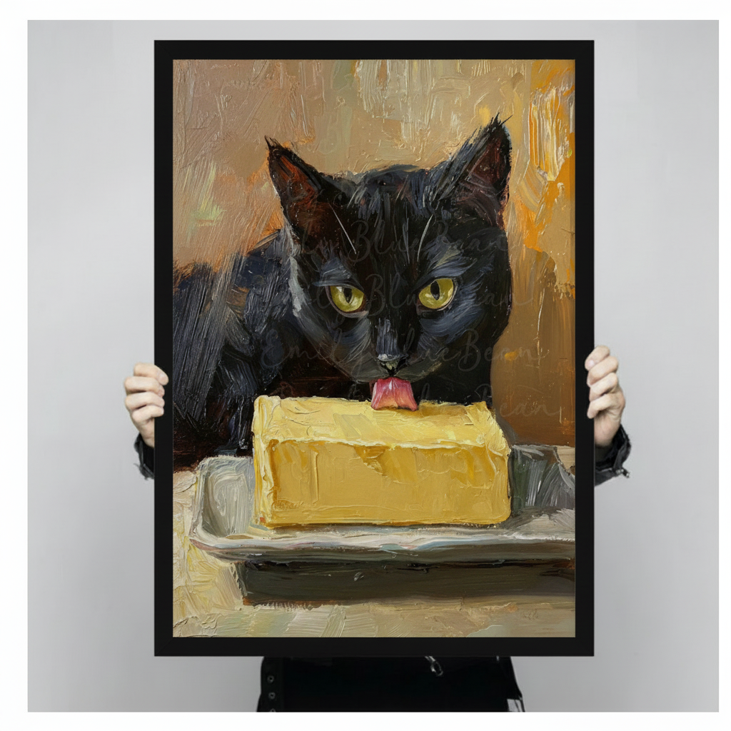 Person holding framed black cat licking butter canvas print with both hands - close up view of humorous cat oil painting wall art showing bold brushstroke detail and black frame finish