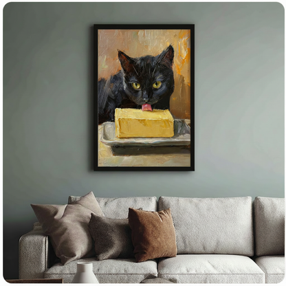 Framed black cat butter painting above neutral linen sofa in light living room - whimsical cat canvas wall art with warm golden brushstroke detail and black frame for cozy home styling