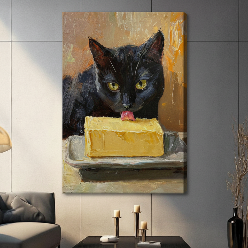 Unframed black cat licking butter oil painting canvas print in dark contemporary living room - playful funny cat wall art with rich amber and golden background for modern interior decor