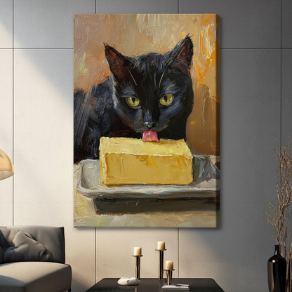 Unframed black cat licking butter oil painting canvas print in dark contemporary living room - playful funny cat wall art with rich amber and golden background for modern interior decor