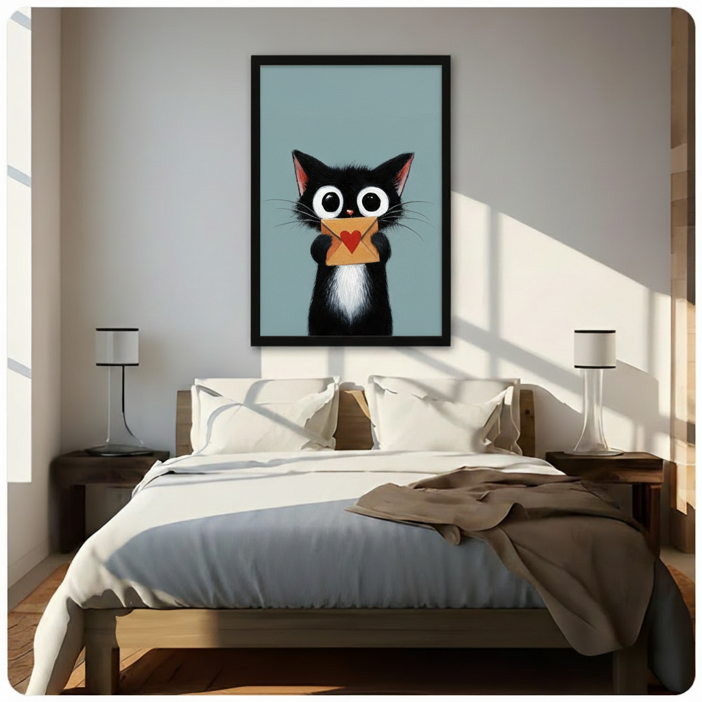 Black framed wide-eyed black cat holding a heart envelope art print displayed above a wooden bed with white linen in a bright sunlit bedroom