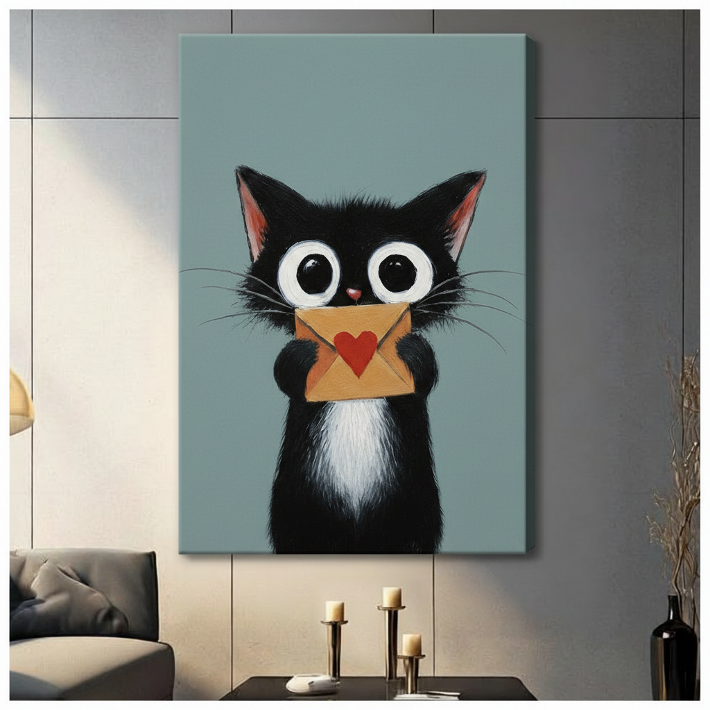 Unframed canvas wrap of a wide-eyed black cat holding a heart envelope, mounted on a grey panel wall in a modern living room