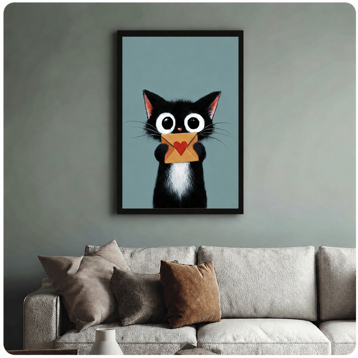 Framed cute black cat with love letter canvas print hanging above a beige sofa on a sage blue-grey living room wall