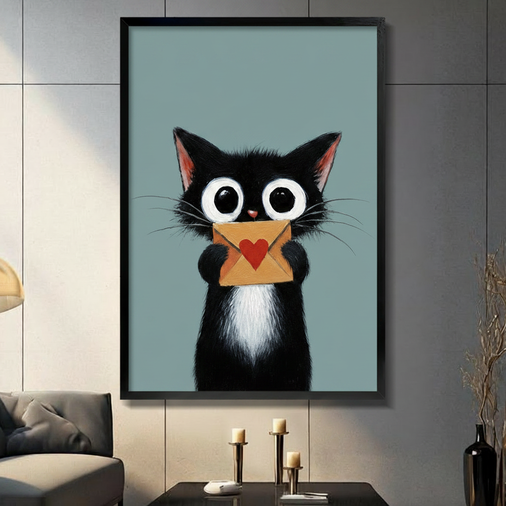 Black framed cute black cat holding a love letter envelope wall art print displayed on a dark grey panel wall above a console table with candle holders